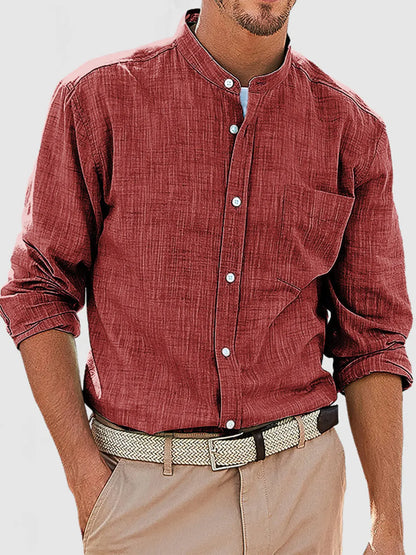 Men's Casual Daily Solid Color Simple Stand Collar Long-sleeved Shirt