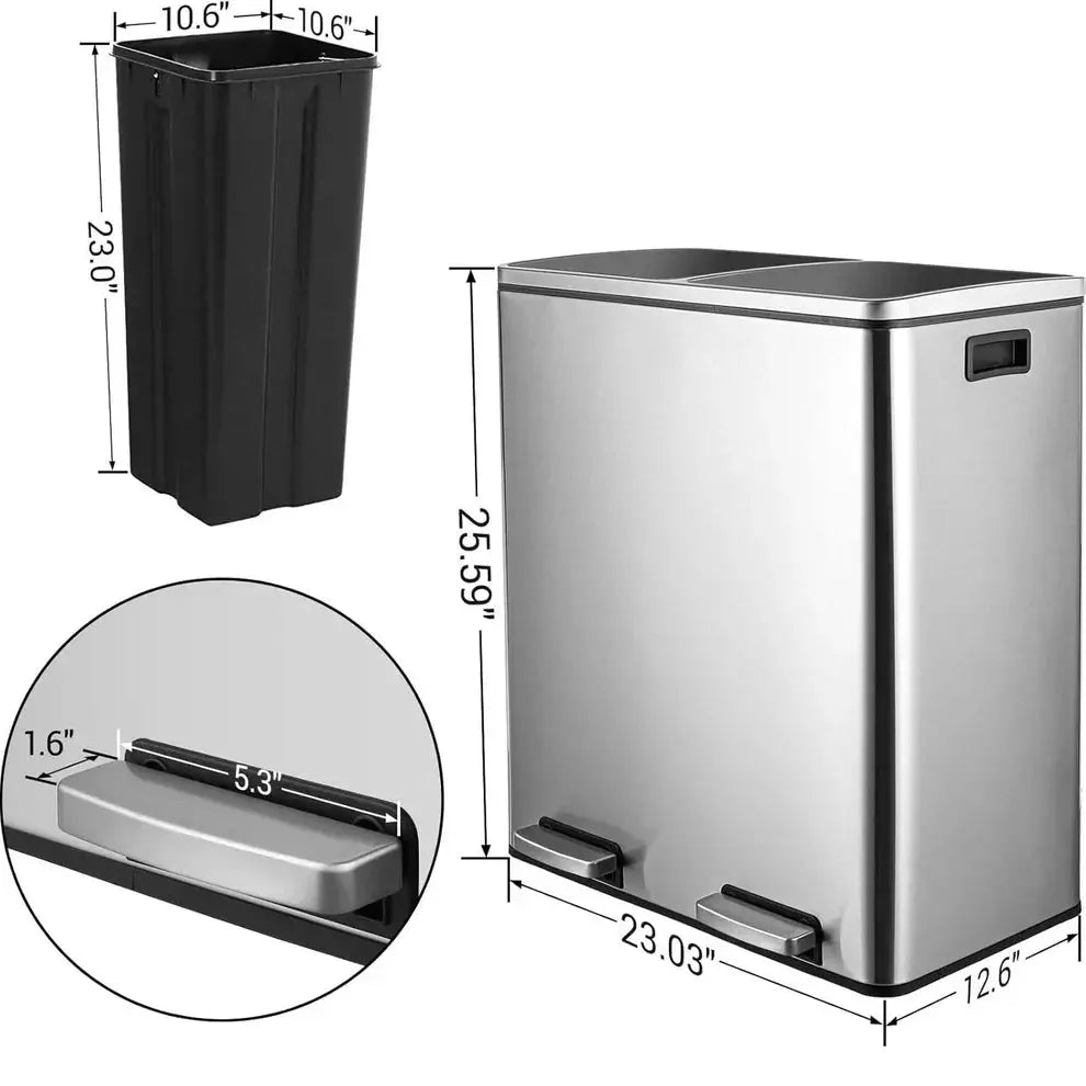 60 Liter Double Bin Stainless Steel Step Bin[🔥Free 3 packs (150 total) of garbage bags]